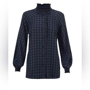 CAbi ABERDEEN Navy Checkered Blouse with Ruffle Collar